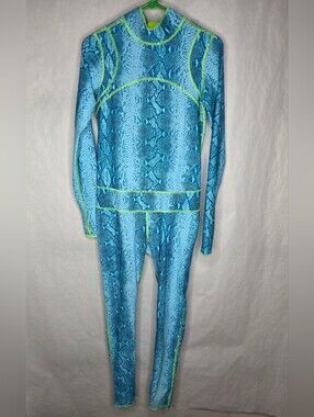 Long-Sleeve Blue Snake-Print One-Piece Swimsuit with Neon Trim